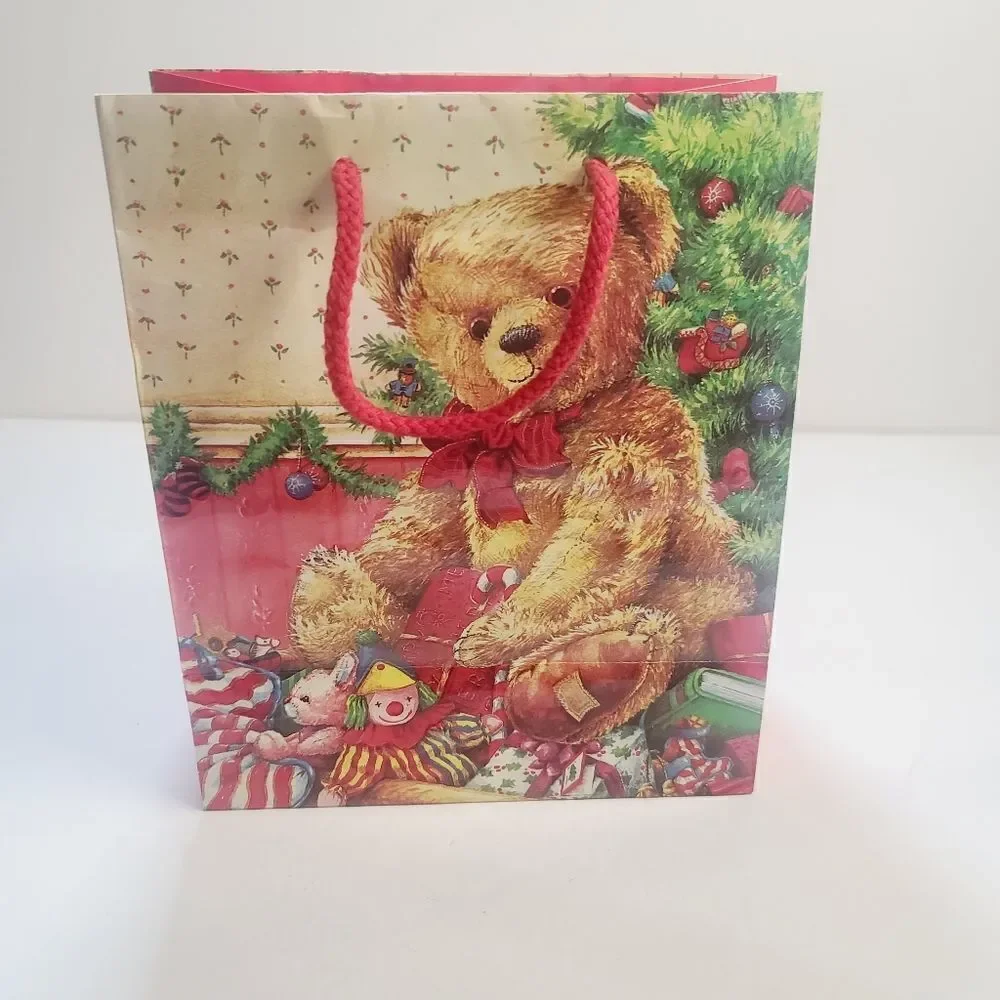 Vintage 90s Cute Teddy Bear Plush Christmas Gift Bag Red Tree Clown